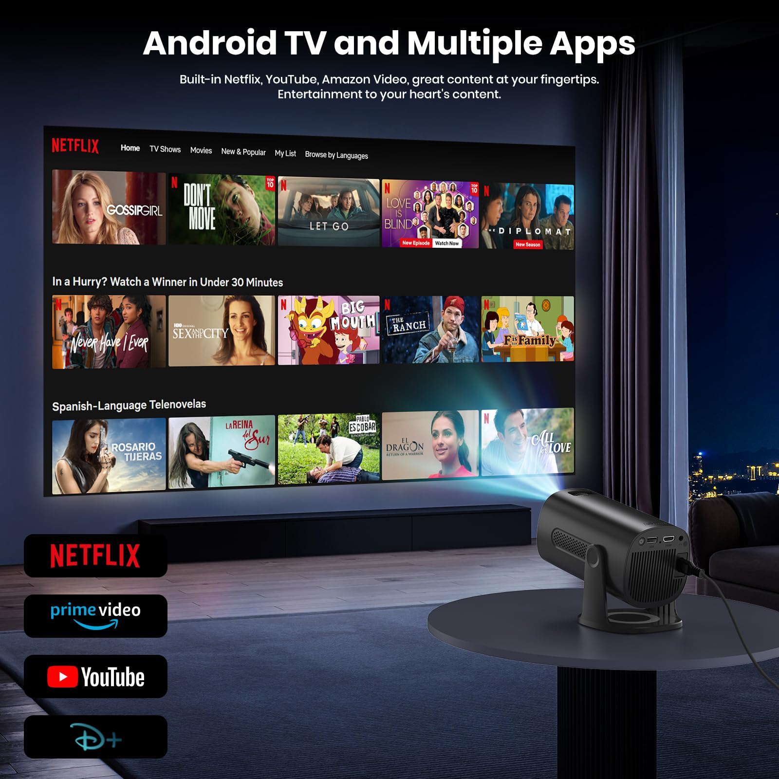 2025 Mini Projector With Wifi And Bluetooth, 1080P Native 4K Support Projector With Apps & Android Tv Os, Auto Keystone & Focus,